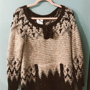 Free People Black and Cream Crew Neck Sweater with Nordic Pattern
